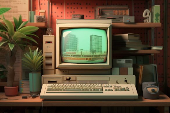 Ordinateur personnel des années 80 avec écran monochrome vert, clavier beige et unité centrale sur bureau, parfait exemple de vintage numérique