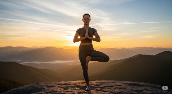 Une femme pratiquant le yoga en montagne au lever du soleil, illustrant les bienfaits du "sport en plein air" pour le corps et l'esprit.