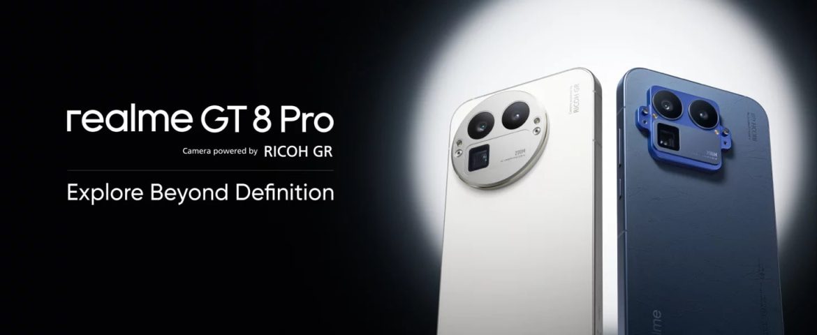 Affiche promotionnelle présentant les deux coloris du smartphone GT 8 Pro avec son optique avancée signée Ricoh GR