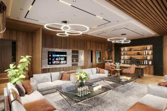 Un grand salon luxueux avec des panneaux muraux en bois, des luminaires circulaires design et des canapés gris pour moderniser son salon avec élégance.