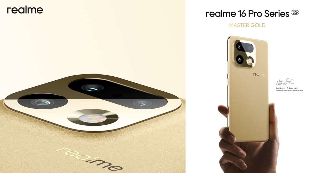 Affiche de lancement officielle de la série de smartphones realme 16 Pro, mettant en avant le modèle realme 16 Pro Master Gold, avec un gros plan sur le module caméra arrière et une main tenant le téléphone en entier, le tout dans une esthétique de design minimaliste de Naoto Fukasawa.