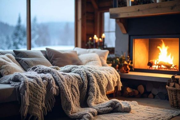 Un coin salon douillet avec une cheminée allumée pour un intérieur chaleureux en hiver.