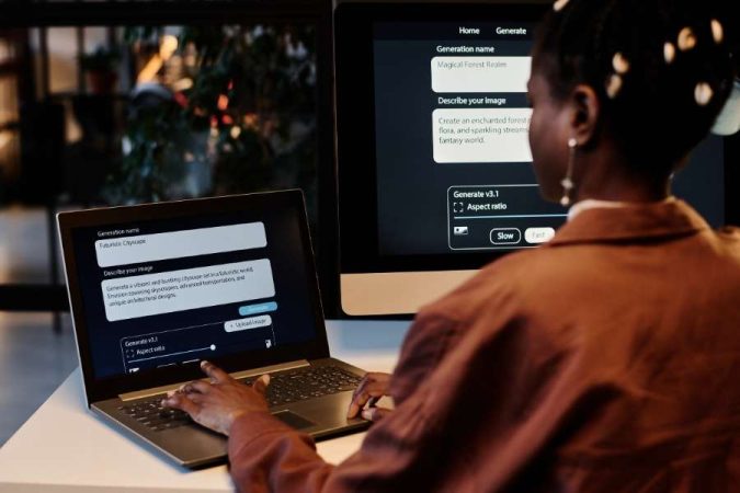 Une créatrice de contenu utilise un générateur de scripts vidéo IA sur son ordinateur portable et un grand écran.