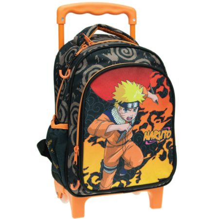 Sac à dos Naruto à roulettes noir et orange avec illustration de Naruto Uzumaki en action.