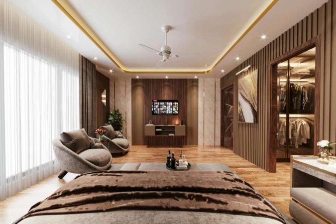 Un salon contemporain luxueux avec des finitions en bois créant un intérieur chaleureux.