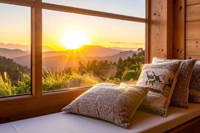 Un banc de fenêtre confortable garni de coussins moelleux offre une vue imprenable sur un coucher de soleil montagnard, créant un coin lecture cosy.